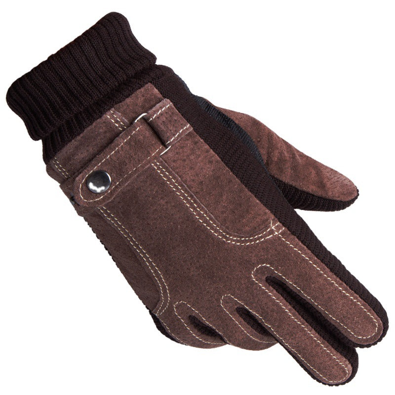 Winter Ski Warm Cycling Gloves Pigskin Men Fleece Thickened Cold Waterproof Touch Screen Outdoor Motorcycle Electric Bike