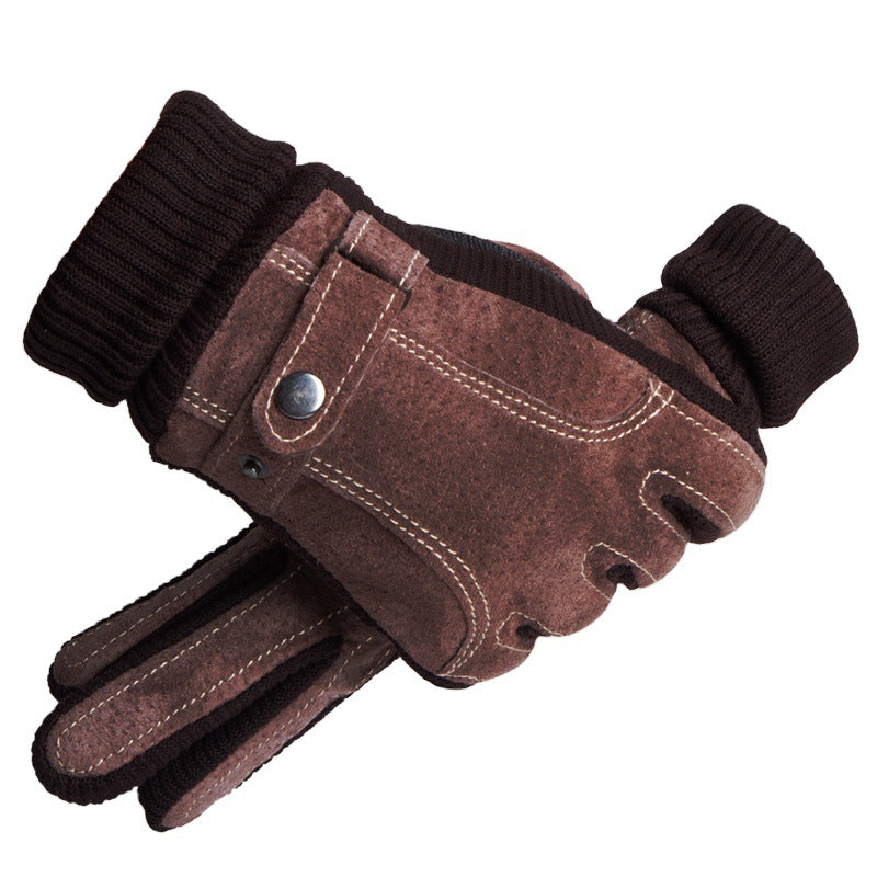 Winter Ski Warm Cycling Gloves Pigskin Men Fleece Thickened Cold Waterproof Touch Screen Outdoor Motorcycle Electric Bike