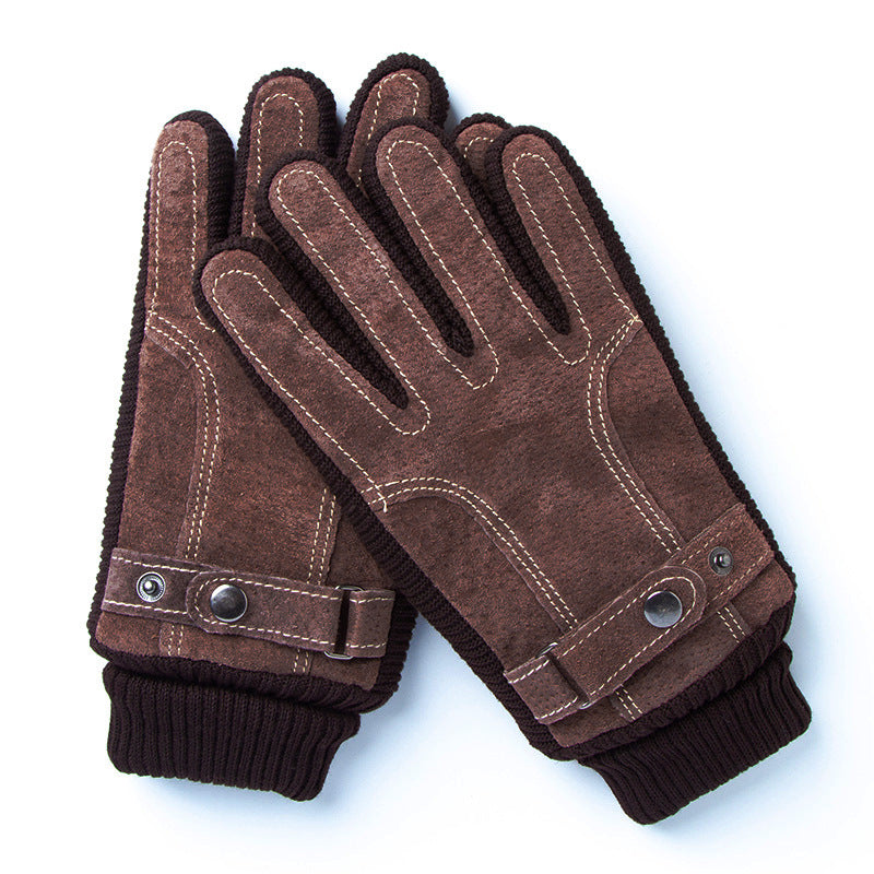 Winter Ski Warm Cycling Gloves Pigskin Men Fleece Thickened Cold Waterproof Touch Screen Outdoor Motorcycle Electric Bike