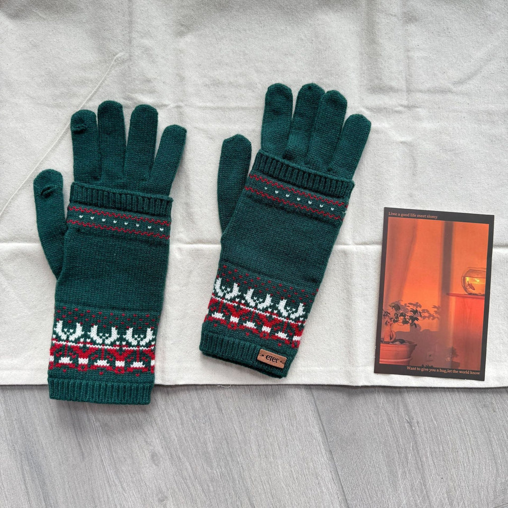 Vintage Vibe Detachable Two Fair Island Jacquard Knitted Gloves Autumn Winter Warm Wool Touch Screen Reveal Two Fingers