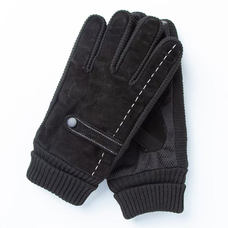 Winter Ski Warm Cycling Gloves Pigskin Men Fleece Thickened Cold Waterproof Touch Screen Outdoor Motorcycle Electric Bike