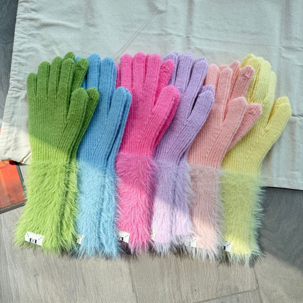 Soft glutinous rabbit fleece gloves girl sweet long leaky finger touch screen plush thick warm all-match cycling five-finger gloves