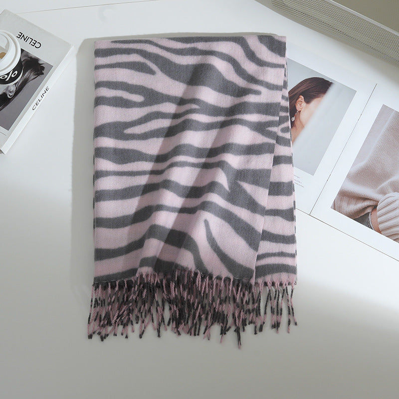 Cross-border new product zebra print scarf for women in autumn and winter, thickened and warm, high-end tassel shawl, Korean version, versatile scarf for men