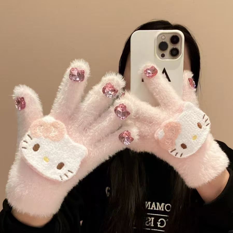 New Cartoon Cat Diamond Yarn Gloves Windproof Coldproof Warm Kids Gloves Parent-Child Plush Knit Finger