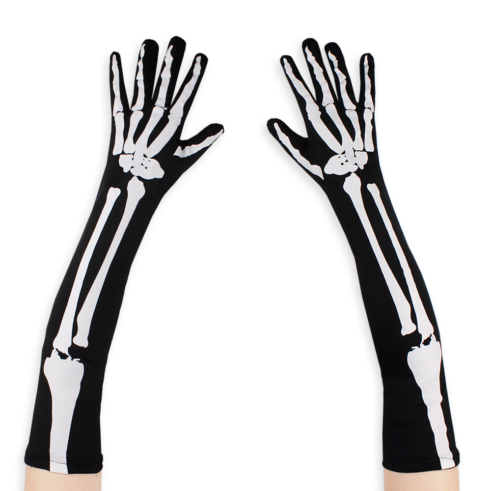 Halloween skeleton double-sided printed long ghost gloves cospaly performance props whole gu skeleton ghost gloves