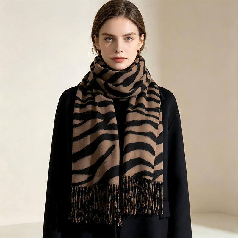 Cross-border new product zebra print scarf for women in autumn and winter, thickened and warm, high-end tassel shawl, Korean version, versatile scarf for men