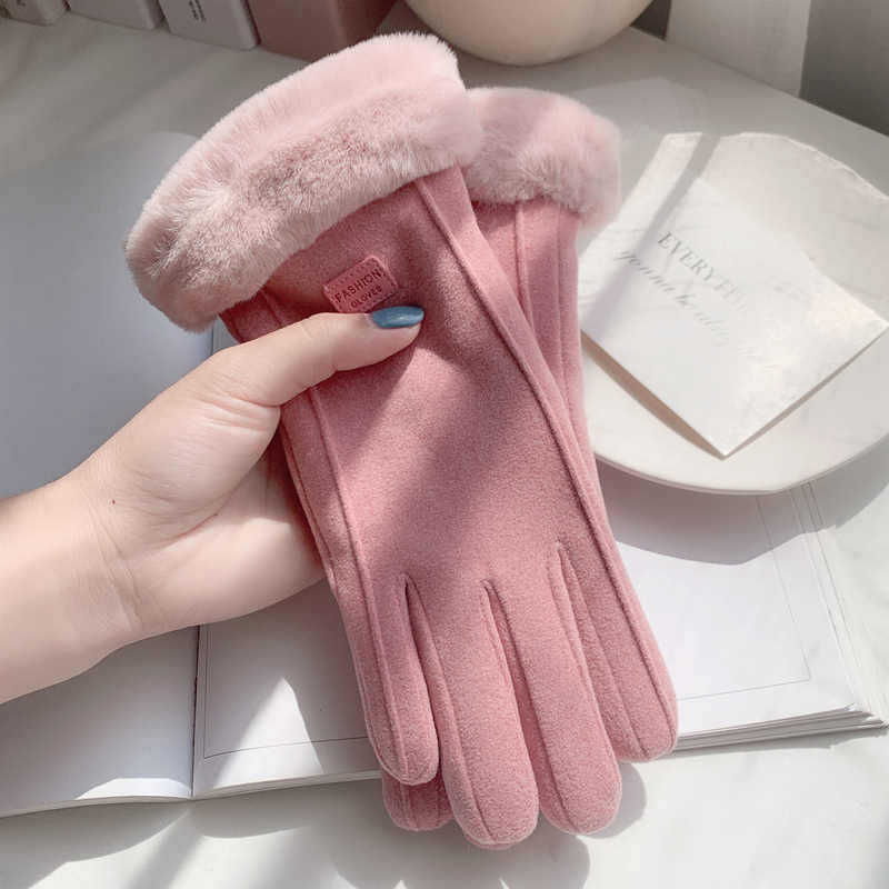 Gloves for women in autumn and winter, warm double layer plus velvet and thickening for cycling, cute German velvet cold-proof cycling and windproof touch screen gloves