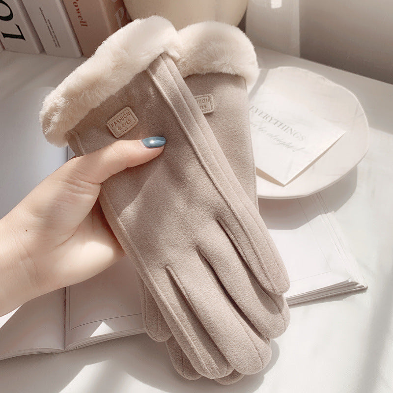 Gloves for women in autumn and winter, warm double layer plus velvet and thickening for cycling, cute German velvet cold-proof cycling and windproof touch screen gloves
