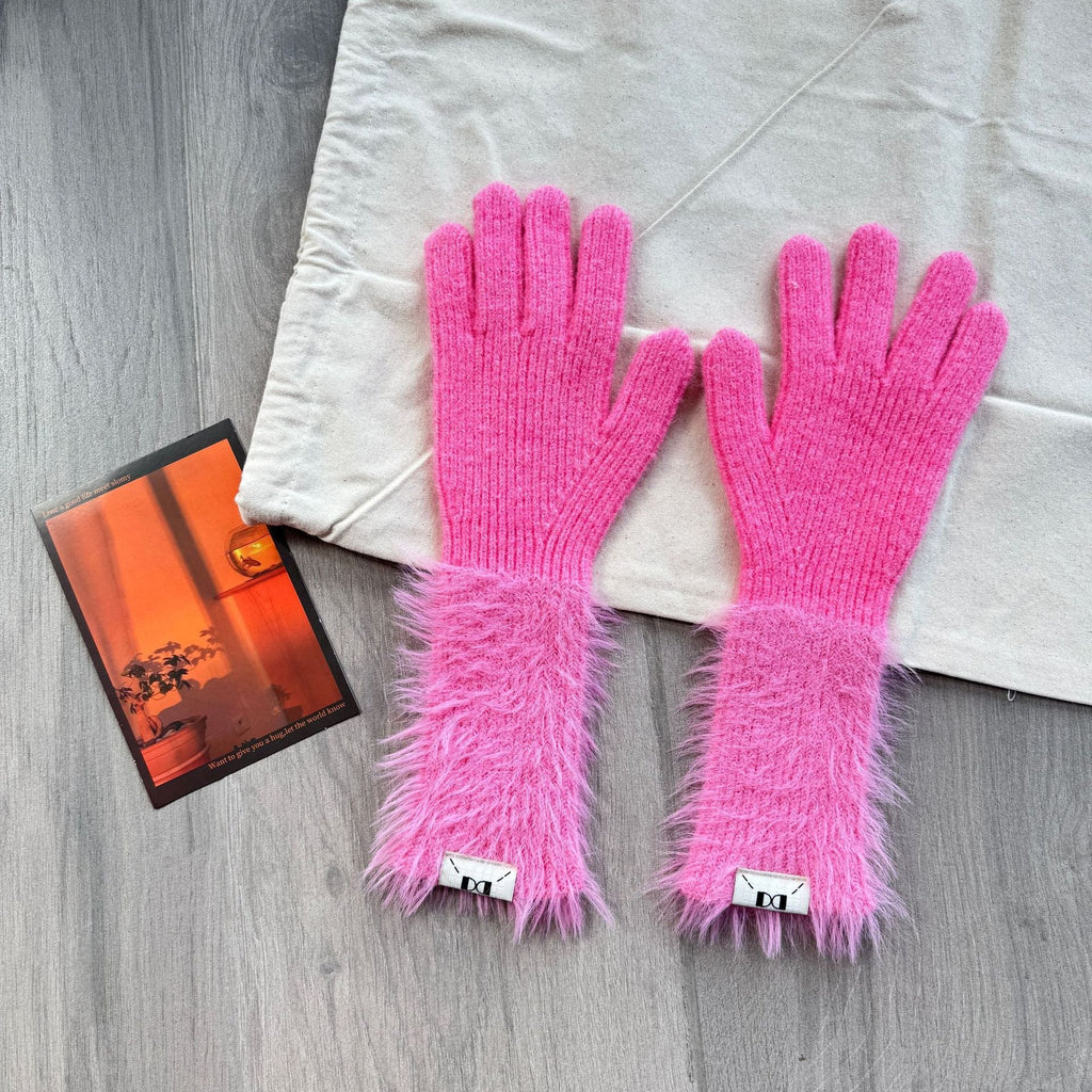 Soft glutinous rabbit fleece gloves girl sweet long leaky finger touch screen plush thick warm all-match cycling five-finger gloves