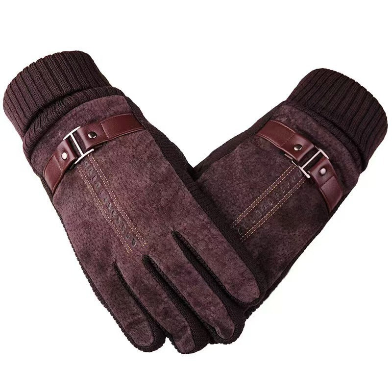 Winter Ski Warm Cycling Gloves Pigskin Men Fleece Thickened Cold Waterproof Touch Screen Outdoor Motorcycle Electric Bike