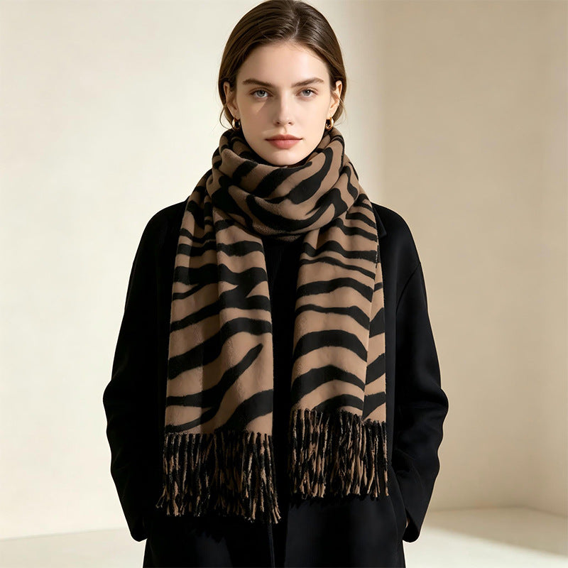 Cross-border new product zebra print scarf for women in autumn and winter, thickened and warm, high-end tassel shawl, Korean version, versatile scarf for men