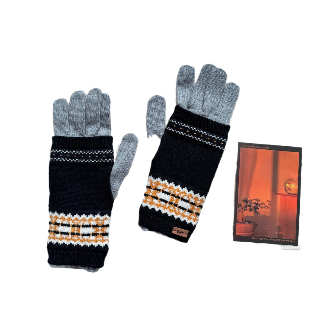Vintage Vibe Detachable Two Fair Island Jacquard Knitted Gloves Autumn Winter Warm Wool Touch Screen Reveal Two Fingers