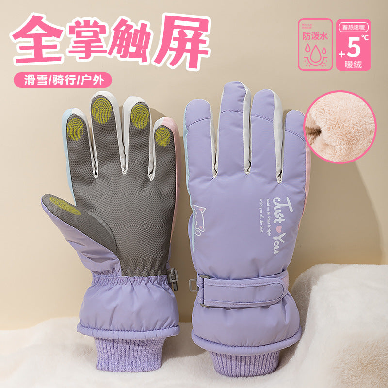 Winter outdoor cold-proof touch screen female students' cute velvet thickened warm anti-slip cycling and water-repellent ski gloves