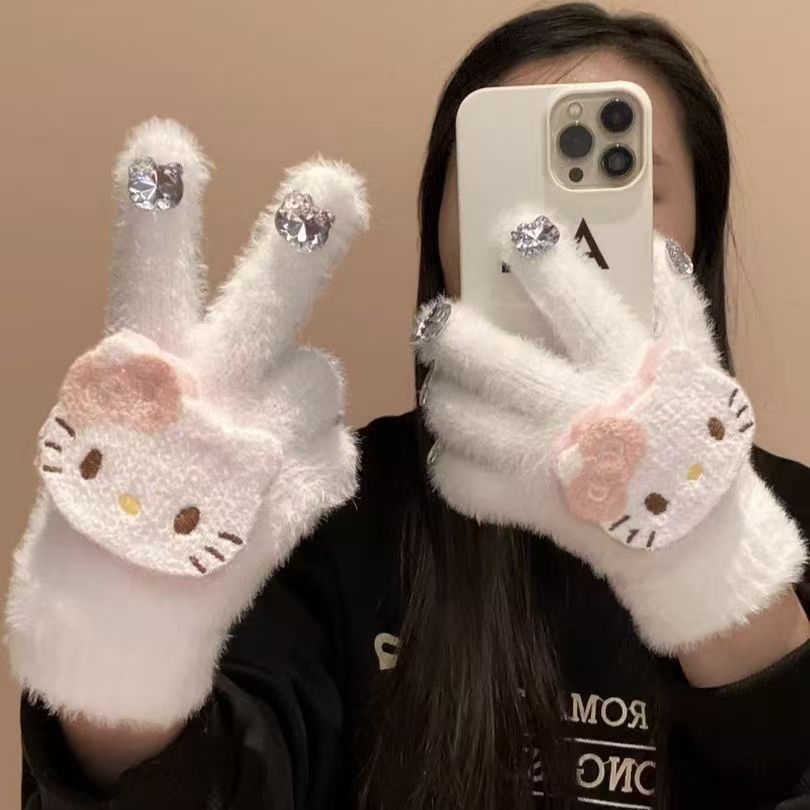 New Cartoon Cat Diamond Yarn Gloves Windproof Coldproof Warm Kids Gloves Parent-Child Plush Knit Finger