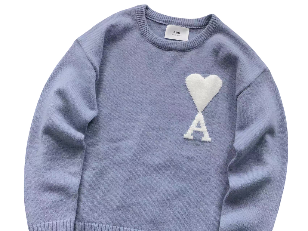AMI Paris Maxi White Heart Knit Sweater Lavender