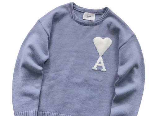 AMI Paris Maxi White Heart Knit Sweater Lavender