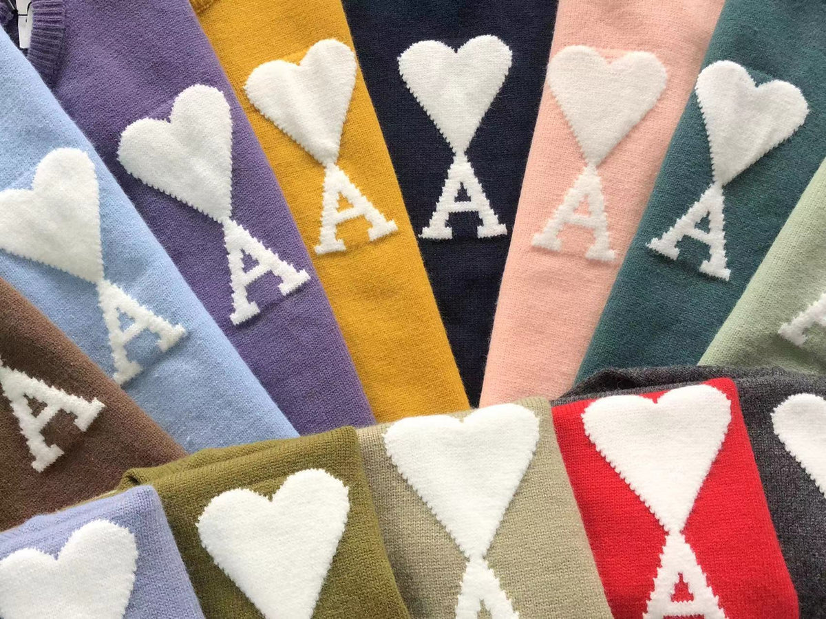 AMI Paris Maxi White Heart Knit Sweater Purple