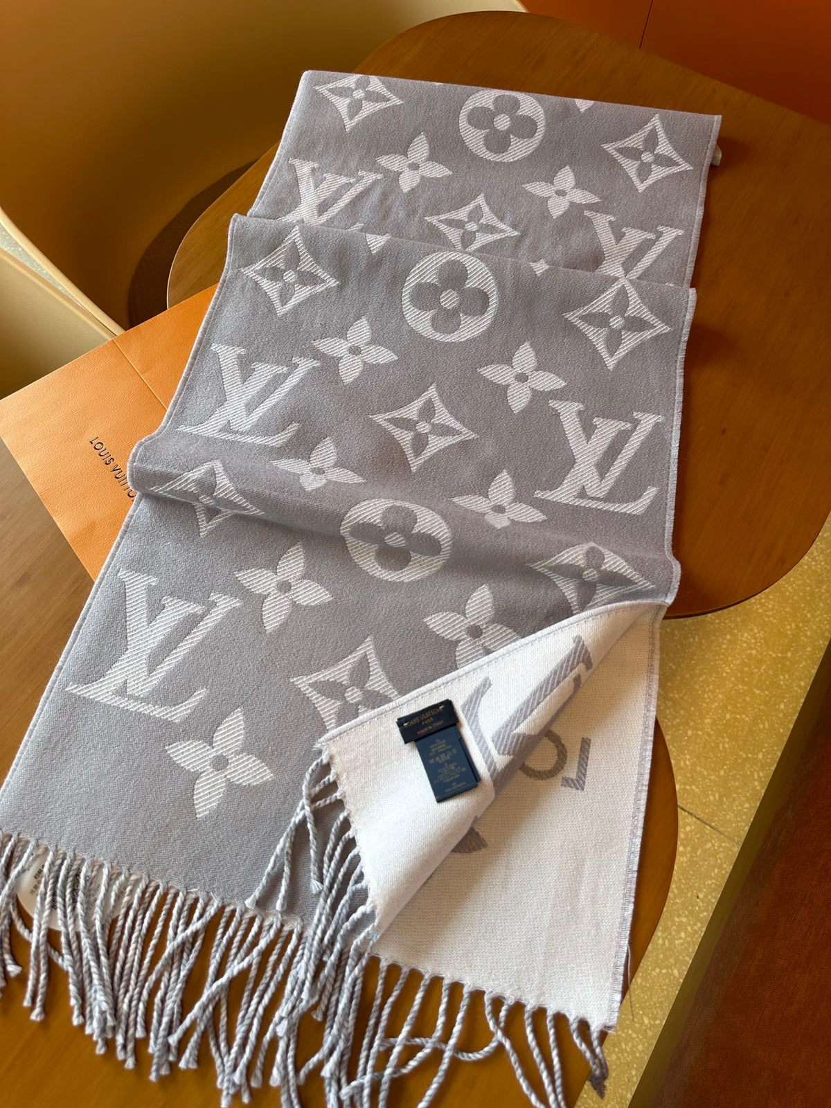 Luxury Monogram Print Scarf for Women - Soft Gray and White Patterned Oversized Shawl Wrap Fashion Accessory