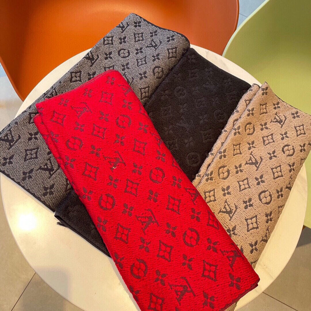 Luxury Monogram Print Knit Scarf for Women - Soft Warm Winter Neck Wrap, Beige and Brown
