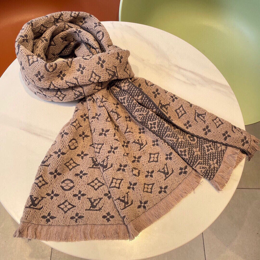 Luxury Monogram Print Knit Scarf for Women - Soft Warm Winter Neck Wrap, Beige and Brown
