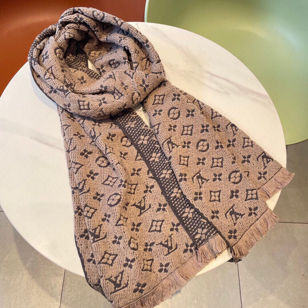 Luxury Monogram Print Knit Scarf for Women - Soft Warm Winter Neck Wrap, Beige and Brown
